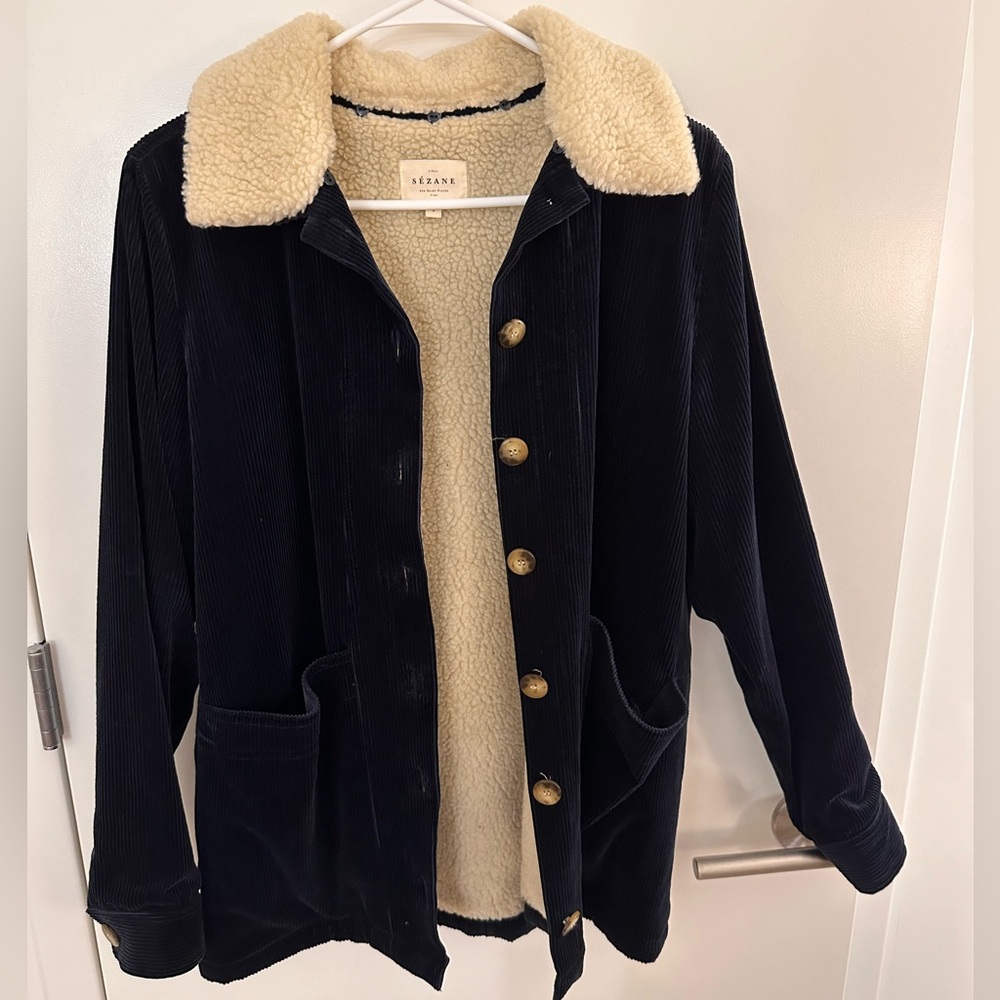 Sezane Will jacket Navy w wool collar